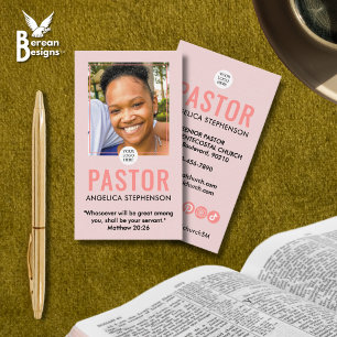 Moderne Blush Roze Foto QR Logo Kerk Pastor Visitekaartje