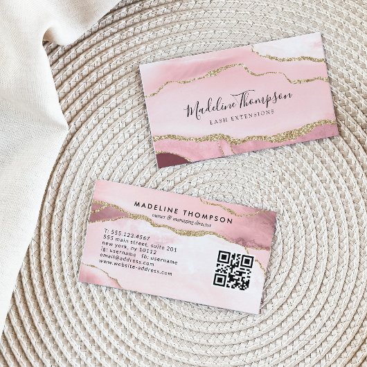 Moderne Blush Roze Geode Gold Glitter QR-code Visitekaartje