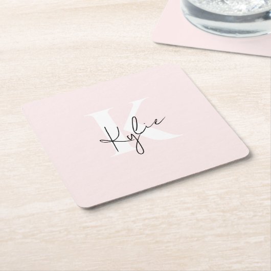 Moderne Blush Roze Gepersonaliseerde Monogramnaam Kartonnen Onderzetters (Schuin)
