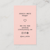 Moderne blush roze girly hart minimalistische blog visitekaartje (Achterkant)