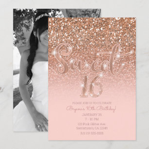 Moderne Blush Roze Glam Glitter Sweet 16 Foto Kaart