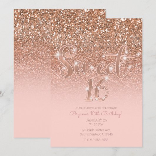 Moderne Blush Roze Glam Glitter Sweet 16 Kaart (Voorkant / Achterkant)