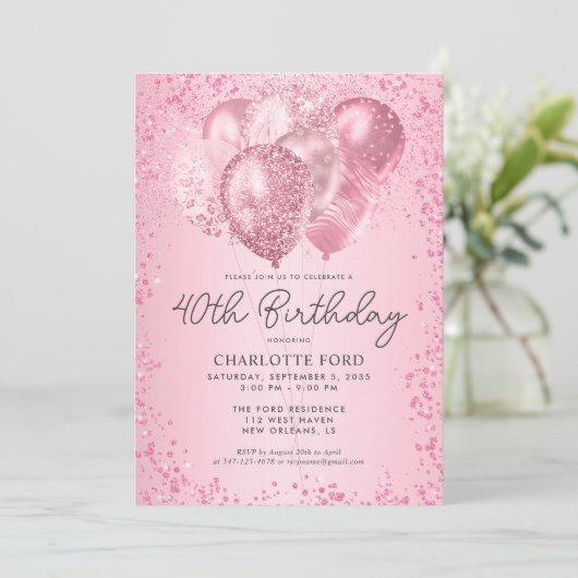 Moderne Blush Roze Glitter Sparkle Balloon Verjaar Kaart (Staand voorkant)