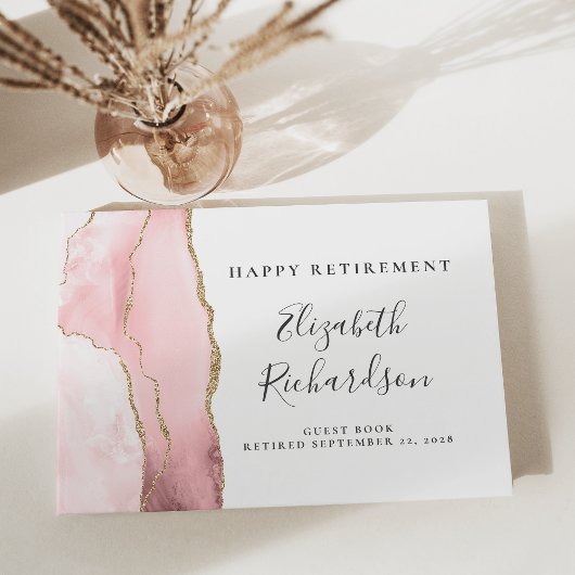 Moderne Blush Roze Goud Agaat Script Pensioen Gastenboek