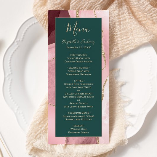 Moderne Blush Roze Goud Smaragdgroene Agaat Huweli Menu