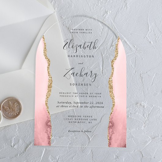 Moderne Blush Roze Gouden Agaat Boog Huwelijk Acryl Uitnodigingen