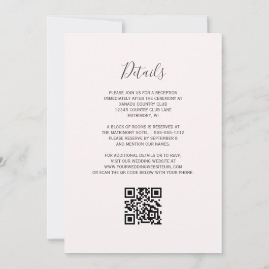 Moderne Blush Roze Gouden Agaat QR Code Huwelijk Kaart (Achterkant)