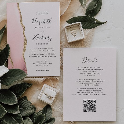 Moderne Blush Roze Gouden Agaat QR Code Trouw Kaart