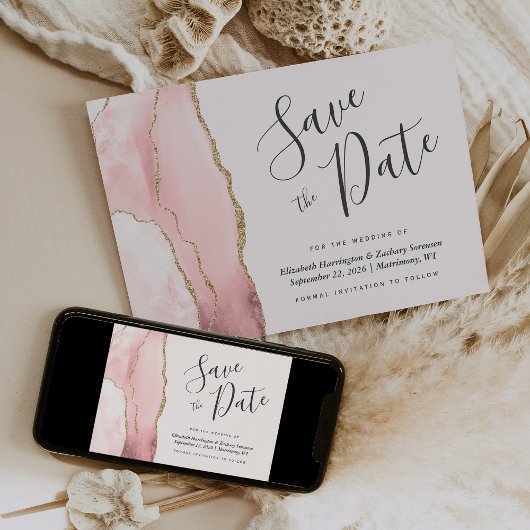 Moderne Blush Roze Gouden Agaat Save the Date Kaar Kaart