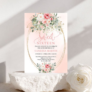 Moderne Blush Roze Gouden Bloemige Sweet Sixteen K Kaart