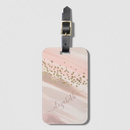Moderne Blush Roze Gouden Glitter Script Naam Bagagelabel (Voorkant (verticaal))