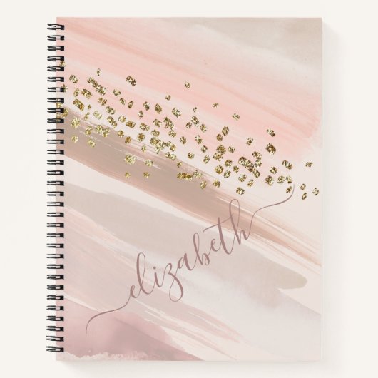 Moderne Blush Roze Gouden Glitter Script Naam Notitieboek (Voorkant)
