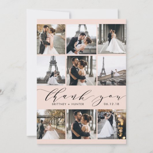 Moderne Blush Roze kalligrafie 9 Foto Collage Bedankkaart (Voorkant)