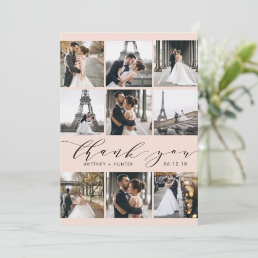 Moderne Blush Roze kalligrafie 9 Foto Collage Bedankkaart (Staand voorkant)