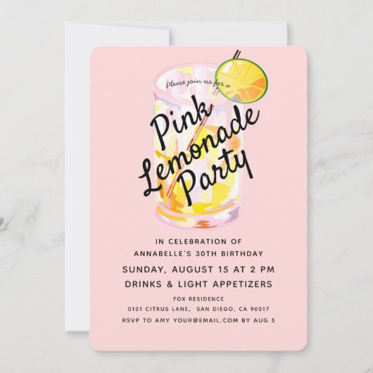 Moderne Blush Roze Limonade Party Uitnodiging (Voorkant)