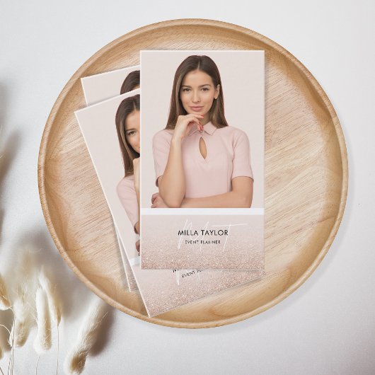 Moderne Blush Roze Monogram Glitter Voeg je foto t Visitekaartje