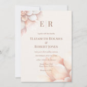 Moderne Blush Roze Mousse Petals Monogram Huwelijk Kaart (Voorkant)