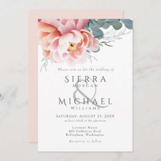 Moderne Blush Roze Peach Pony Bloemenbruiloft Kaart (Voorkant / Achterkant)