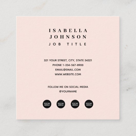 Moderne Blush Roze QR Code Social Media Iconen Vierkante Visitekaartje (Achterkant)