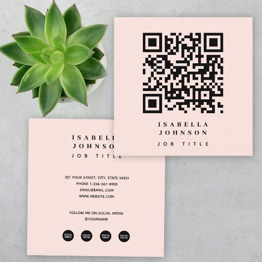 Moderne Blush Roze QR Code Social Media Iconen Vierkante Visitekaartje