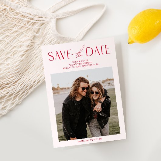 Moderne Blush roze & Red Photo Save the Date Kaart