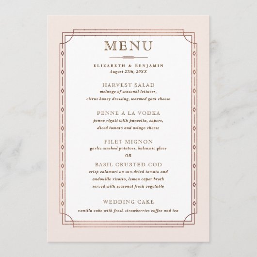 Moderne  Blush Roze Rose Gouden Folie Bruiloft Menu (Voorkant)