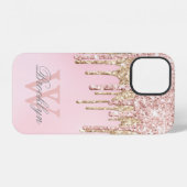 Moderne Blush Roze Roze Goud Glitter Drips Monogra iPhone Hoesje (Achterkant horizontaal)