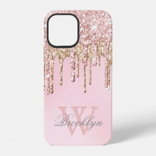 Moderne Blush Roze Roze Goud Glitter Drips Monogra iPhone Hoesje (Achterkant)