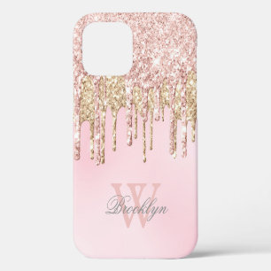 Moderne Blush Roze Roze Goud Glitter Drips Monogra iPhone 12 Hoesje