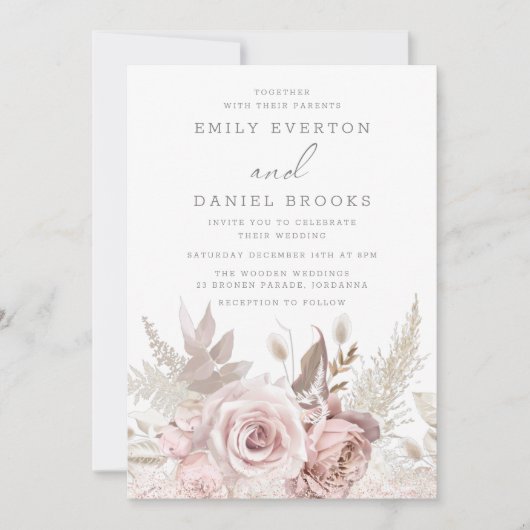 Moderne Blush Roze Rozen Bruiloft Kaart (Voorkant)