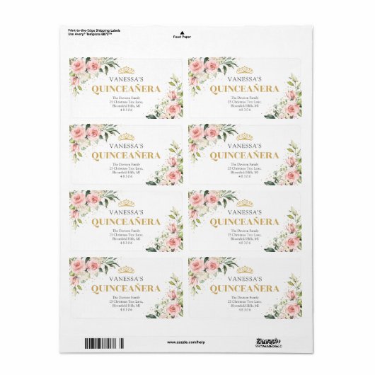 Moderne Blush roze rozen goud tiara 15e verjaardag Etiket (Full Sheet)