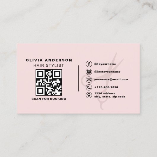 Moderne Blush Roze Schaar QR Code Haarstylist Visitekaartje (Achterkant)