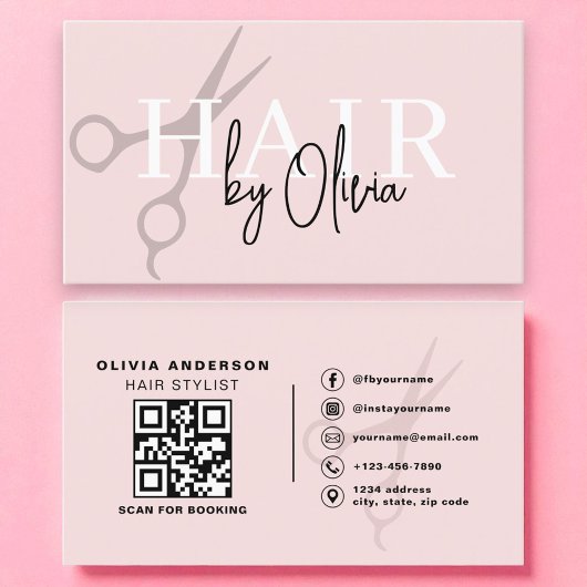 Moderne Blush Roze Schaar QR Code Haarstylist Visitekaartje