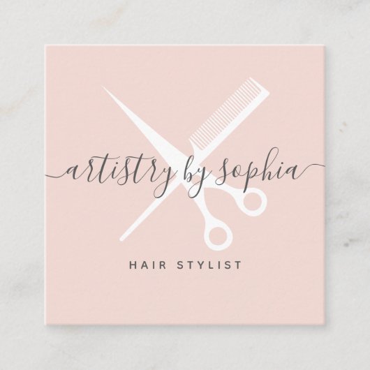 Moderne blush roze schaar script haarstylist vierkante visitekaartje (Voorkant)