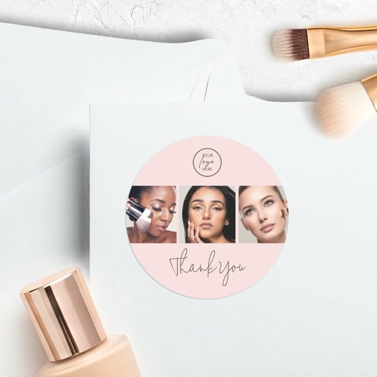 Moderne Blush Roze Script 3 Foto Make-up Bedankt Ronde Sticker