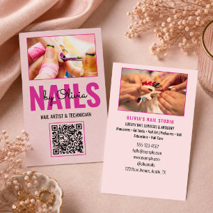 Moderne Blush Roze Script Foto Qr Code Nagelsalon Visitekaartje