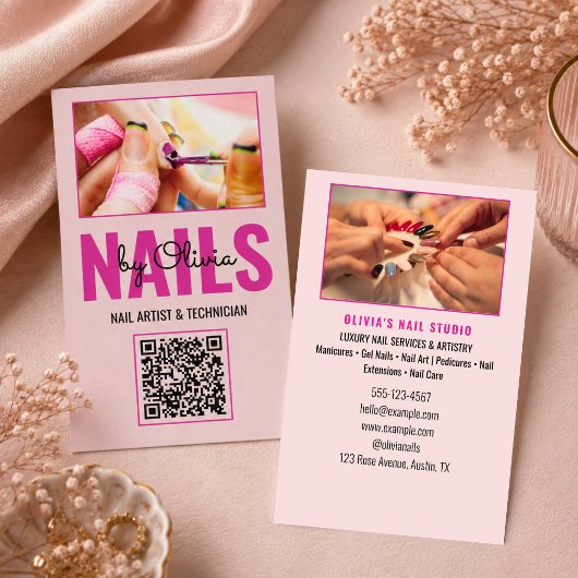 Moderne Blush Roze Script Foto Qr Code Nagelsalon Visitekaartje