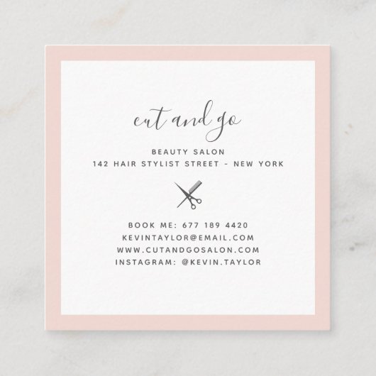 Moderne blush roze script handtekening haarstylist vierkante visitekaartje (Achterkant)