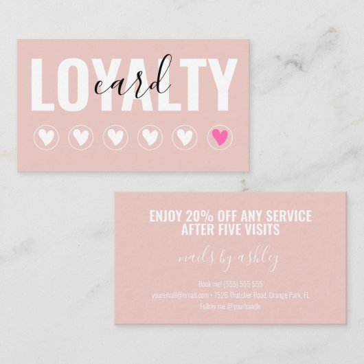 Moderne Blush Roze Script Makeup Artist 6 punch Klantenkaartje (Voorkant / Achterkant)