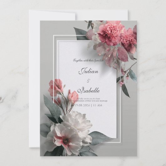Moderne Blush Roze Witte Frame Bloemige Bruiloft Kaart (Voorkant)