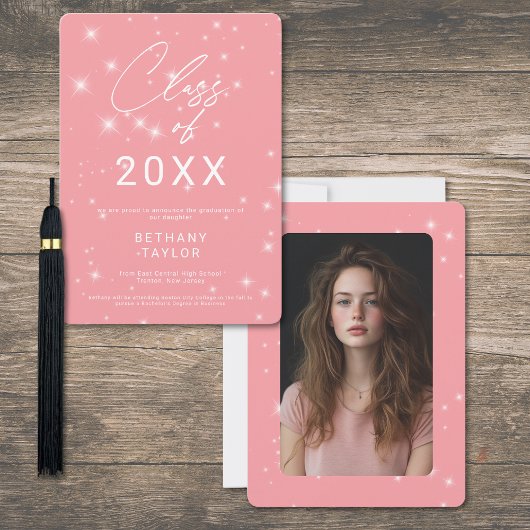 Moderne Blush Roze & Witte Glitter Afstuderen Aankondiging