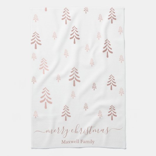 Moderne blush roze witte kerstbomen naam theedoek (Verticaal)