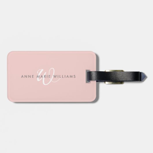 Moderne Blush Roze Witte Script Monogram Bagagelabel (Achterkant horizontaal)