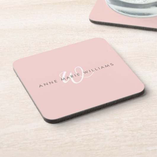 Moderne Blush Roze Witte Script Monogram Bier Onderzetter (Linkerzijde)