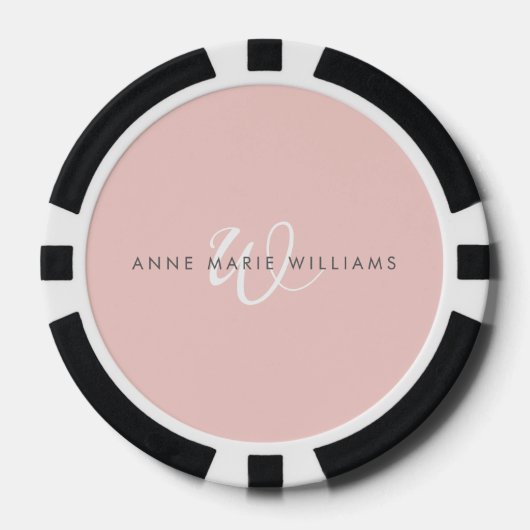 Moderne Blush Roze Witte Script Monogram Poker Chips (Voorkant)