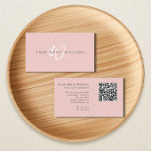 Moderne Blush Roze Witte Script Monogram QR Code Visitekaartje