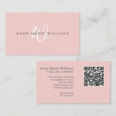 Moderne Blush Roze Witte Script Monogram QR Code Visitekaartje (Voorkant / Achterkant)