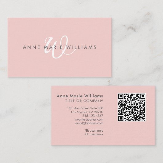 Moderne Blush Roze Witte Script Monogram QR Code Visitekaartje (Voorkant / Achterkant)