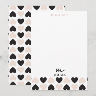 Moderne Blush Roze Zwart Liefde Harten Monogram Bedankkaart