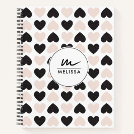 Moderne Blush Roze Zwart Liefde Harten Monogram Notitieboek